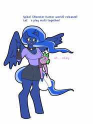 Size: 1850x2480 | Tagged: safe, artist:franschesco, character:princess luna, character:spike, species:alicorn, species:anthro, species:dragon, species:pony, species:unguligrade anthro, gamer luna, breasts, cleavage, clothing, cute, dialogue, female, male, shipping, shirt, skirt, spiluna, straight