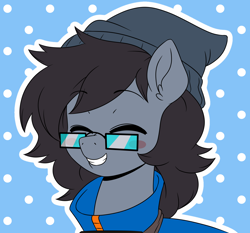 Size: 1500x1400 | Tagged: safe, alternate version, artist:acesrockz, oc, oc only, oc:appy, beanie, blush sticker, blushing, bust, clothing, commission, eyes closed, glasses, hat, smiling, solo