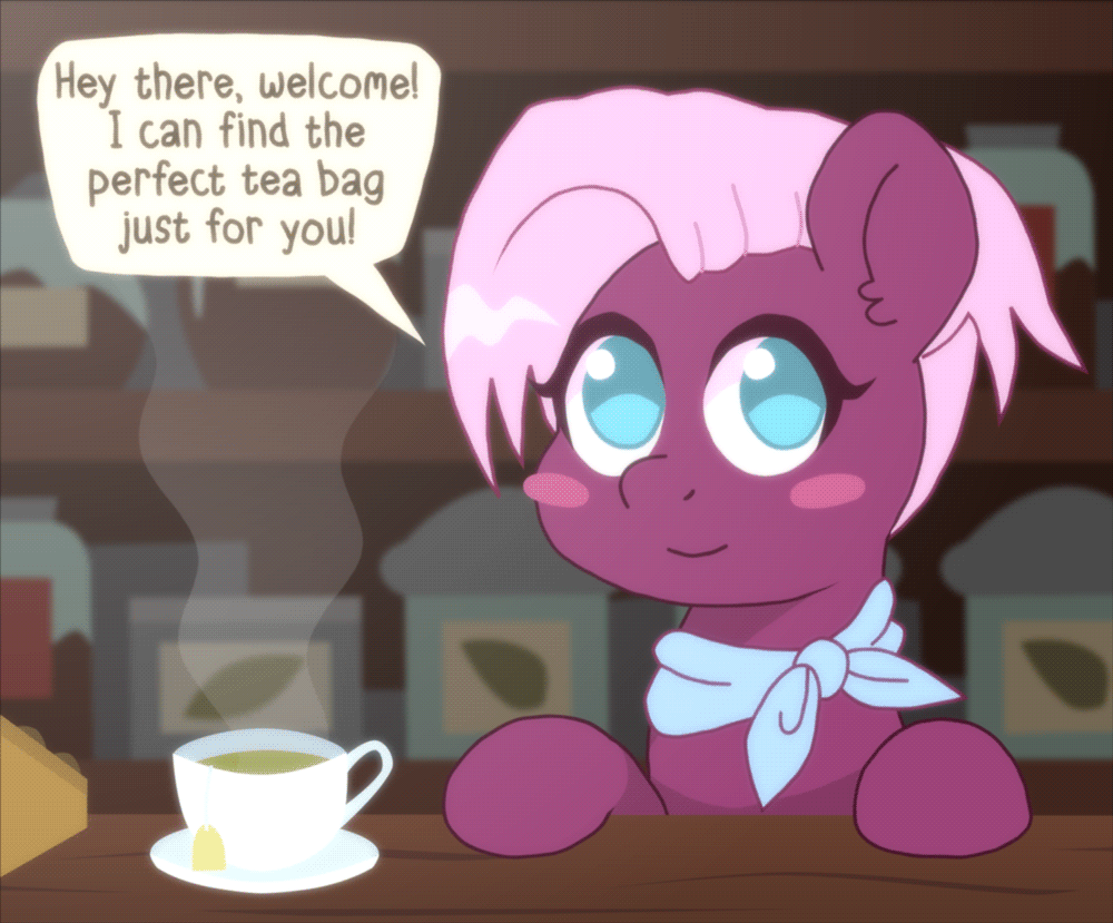 Size: 1000x829 | Tagged: safe, artist:omegaozone, character:jasmine leaf, species:earth pony, species:pony, g4, animated, blush sticker, blushing, clothing, cute, dialogue, ear fluff, explicit source, female, food, frame by frame, grin, looking at you, mare, no pupils, offscreen character, omegaozone is trying to kill us, pov, scarf, smiling, solo, speech bubble, squigglevision, tea