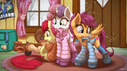 Size: 3840x2160 | Tagged: safe, artist:ohemo, character:apple bloom, character:scootaloo, character:sweetie belle, species:earth pony, species:pegasus, species:pony, species:unicorn, adorabloom, boots, clothing, clubhouse, crusaders clubhouse, cute, cutealoo, cutie mark, cutie mark crusaders, diasweetes, dressing, female, filly, indoors, jacket, mouth hold, scarf, shoes, snow, socks, the cmc's cutie marks, trio, winter outfit