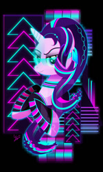 Size: 600x998 | Tagged: safe, artist:ii-art, character:starlight glimmer, species:pony, species:unicorn, cyberpunk, female, looking at you, mare, smiling, solo, synthwave, vaporwave, visor