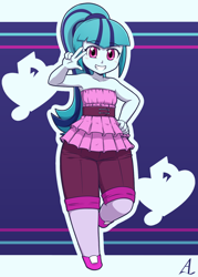 Size: 1000x1400 | Tagged: safe, artist:acesrockz, character:sonata dusk, my little pony:equestria girls, armpits, chibi, clothing, cute, female, looking at you, short pants, smiling, solo, sonatabetes