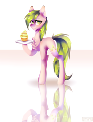 Size: 1945x2560 | Tagged: safe, artist:huirou, character:red gala, species:earth pony, species:pony, apple family member, cupcake, female, food, mare, simple background, smiling, solo, tray