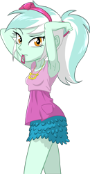 Size: 4300x8298 | Tagged: safe, artist:hunterz263, artist:ta-na, character:lyra heartstrings, my little pony:equestria girls, .svg available, absurd resolution, alternate hairstyle, arm behind head, armpits, clothing, dress, female, hair tie, looking at you, mouth hold, necklace, ponytail, simple background, skirt, solo, speedpaint available, transparent background, vector