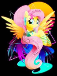 Size: 600x789 | Tagged: safe, artist:ii-art, character:fluttershy, species:pegasus, species:pony, alternate hairstyle, bust, color porn, cute, eyestrain warning, female, jewelry, looking at you, mare, necklace, neon, portrait, shyabetes, smiling, solo, spread wings, synthwave, vaporwave, watermark, wings