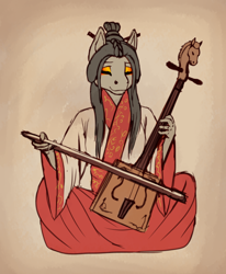 Size: 674x819 | Tagged: safe, artist:wwredgrave, character:octavia melody, species:anthro, asian, asian pony, chinese, clothing, crossover, dress, eyes closed, female, hair, horse, makeup, mongolian, musical, musical instrument, musician, playing, sitting, sketch, solo