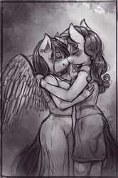 Size: 1188x1787 | Tagged: safe, artist:bantha, character:fluttershy, character:rarity, species:anthro, species:pegasus, species:pony, species:unicorn, ship:rarishy, blushing, clothing, dress, female, grayscale, hug, lesbian, mare, monochrome, shipping