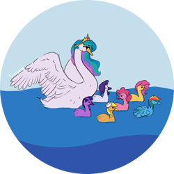 Size: 750x750 | Tagged: safe, artist:lollipony, character:applejack, character:fluttershy, character:pinkie pie, character:princess celestia, character:rainbow dash, character:rarity, character:twilight sparkle, clothing, crown, cygnet, hat, jewelry, mane six, momlestia, regalia, simple background, species swap, swan, swanlestia, swimming, transparent background, wat, water