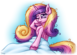 Size: 2431x1729 | Tagged: safe, artist:skorpionletun, character:princess cadance, species:alicorn, species:pony, bed mane, blanket, chest fluff, cute, cutedance, female, fluffy, mare, morning ponies, one eye closed, simple background, solo, unshorn fetlocks