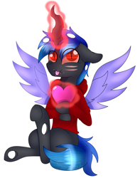 Size: 2323x2954 | Tagged: safe, artist:tomboygirl45, oc, oc only, oc:fang, species:changeling, blue changeling, clothing, commission, heart, high res, magic, scar, simple background, solo, spread wings, sweater, white background, wings