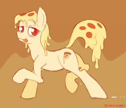Size: 1280x1097 | Tagged: safe, artist:swaetshrit, oc, oc only, oc:mozzarella orgy, species:earth pony, species:pony, abstract background, blep, blushing, dripping, female, food pony, lidded eyes, looking at you, mare, original species, pizza pony, raised hoof, raised leg, silly, smiling, solo, sweat, tongue out