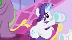 Size: 1024x575 | Tagged: safe, artist:jamesawilliams1996, edit, edited screencap, screencap, character:rarity, character:spike, episode:inspiration manifestation, g4, my little pony: friendship is magic, belly, big belly, crying, fainting couch, fat, fat edit, food, ice cream, levitation, magic, marshmelodrama, obese, raritubby, stuffed, telekinesis