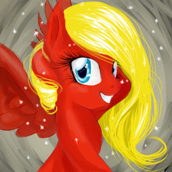 Size: 900x900 | Tagged: safe, artist:my-magic-dream, oc, oc only, oc:sunrise tune, species:pegasus, species:pony, abstract background, arm behind head, rhyme, smiling, solo, sparkles