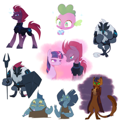 Size: 1800x1800 | Tagged: safe, artist:kkmrarar, character:capper dapperpaws, character:louise, character:mori, character:spike, character:tempest shadow, character:twilight sparkle, character:twilight sparkle (alicorn), species:abyssinian, species:alicorn, species:anthro, species:digitigrade anthro, species:dragon, species:pony, species:unicorn, my little pony: the movie (2017), anthro with ponies, bident, cat, crying, fishman, frilled lizard, heart eyes, lizard vendor, male, simple background, sparking horn, storm guard, white background, wingding eyes
