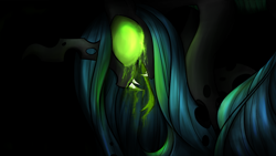 Size: 1200x675 | Tagged: safe, artist:kairaanix, character:queen chrysalis, species:changeling, changeling queen, fangs, female, glowing eyes, solo, tongue out