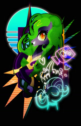 Size: 1024x1592 | Tagged: safe, artist:ii-art, character:mane-iac, species:earth pony, species:pony, evil grin, eyestrain warning, female, grin, looking at you, neon, retro, shampoo, smiling, solo