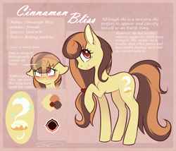 Size: 1214x1038 | Tagged: safe, artist:doekitty, oc, oc only, oc:cinnamon bliss, species:pony, species:unicorn, blushing, brown mane, cutie mark, female, looking at you, mare, red eyes, reference sheet, small horn, smiling, solo, yellow coat