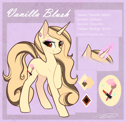 Size: 1062x1025 | Tagged: safe, artist:doekitty, oc, oc only, oc:vanilla blush, species:pony, species:unicorn, brown eyes, brown mane, cutie mark, female, looking at you, makeup, mare, pale coat, reference sheet, smiling, solo, yellow coat, yellow mane