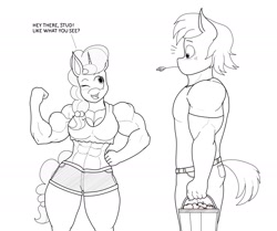 Size: 2014x1681 | Tagged: safe, artist:matchstickman, character:big mcintosh, character:sugar belle, species:anthro, species:earth pony, species:pony, species:unicorn, ship:sugarmac, abs, apple, biceps, breasts, bucket, busty sugar belle, clothing, deltoids, duo, female, flexing, food, male, mare, midriff, monochrome, muscles, one eye closed, shipping, shirt, shocked, short jeans, simple background, stallion, straight, straw in mouth, sugar barbell, white background, wink