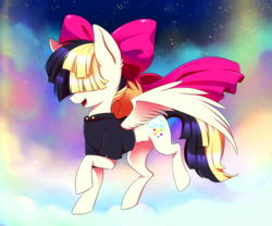 Size: 900x750 | Tagged: safe, artist:jacky-bunny, character:songbird serenade, species:pegasus, species:pony, my little pony: the movie (2017), bow, clothing, cloud, female, hair bow, mare, night, open mouth, raised hoof, smiling, solo, stars