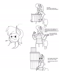 Size: 1585x1931 | Tagged: safe, artist:matchstickman, character:big mcintosh, character:sugar belle, species:anthro, species:earth pony, species:pony, species:unicorn, ship:sugarmac, ..., box, clothing, comic, comparison, dialogue, duo, female, hindsight, lifting, male, mare, monochrome, shipping, simple background, stallion, straight, straw in mouth, strong, sweater, weak, white background