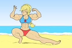 Size: 1714x1132 | Tagged: safe, artist:matchstickman, character:applejack, species:human, abs, applejacked, beach, biceps, bodybuilder, breasts, busty applejack, calves, clothing, eyes closed, female, flexing, gradient background, humanized, muscles, pose, solo, swimsuit, thunder thighs
