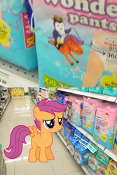 Size: 1024x1534 | Tagged: safe, artist:blackrhinoranger, artist:quanno3, character:scootaloo, species:pegasus, species:penguin, species:pony, 2 panel comic, comic, diaper, diaper package, irl, look-alike, photo, ponies in real life
