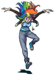 Size: 600x829 | Tagged: safe, artist:theartrix, character:rainbow dash, species:human, action pose, clothing, converse, falling, female, humanized, leather jacket, shoes, simple background, solo, transparent, transparent background