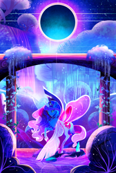 Size: 1900x2823 | Tagged: safe, artist:clockworkquartet, character:princess luna, species:alicorn, species:pony, arch, color porn, column, eclipse, eyestrain warning, female, glowing horn, horn, looking at you, magic, mare, moon, open mouth, pillar, solo, sun, tree, vine, water, waterfall, wings