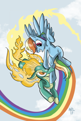 Size: 1024x1536 | Tagged: safe, artist:lytlethelemur, character:rainbow dash, character:tianhuo, species:longma, species:pegasus, species:pony, them's fightin' herds, armpits, crossover, duo, fiery wings, fight, flying, mane of fire, rainbow trail