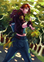 Size: 1024x1448 | Tagged: dead source, safe, artist:sunset tide, character:sunset shimmer, species:human, ass, book, braid, clothing, elf ears, female, fingerless gloves, gloves, humanized, jacket, jeans, looking back, pants, reaching out, solo, unicorns as elves