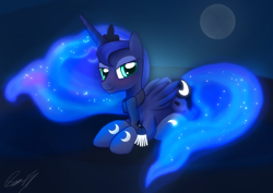 Size: 1480x1050 | Tagged: safe, artist:sierraex, character:princess luna, species:alicorn, species:pony, clothing, cutie mark clothes, female, mare, moon, prone, scarf, smiling, socks, solo