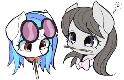 Size: 1421x923 | Tagged: safe, artist:ccc, character:dj pon-3, character:octavia melody, character:vinyl scratch, species:earth pony, species:pony, species:unicorn, baton, bow, cute, female, food, glasses, mare, pocky, simple background, white background