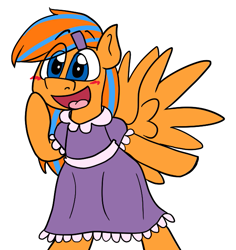 Size: 603x640 | Tagged: safe, artist:alittleofsomething, oc, oc:cold front, species:pegasus, species:pony, bipedal, blushing, clothing, crossdressing, dress, hairclip, happy, simple background, smiling, solo, white background