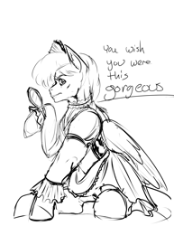 Size: 1545x2000 | Tagged: safe, artist:aphexangel, oc, oc:cold front, species:pegasus, species:pony, clothing, crossdressing, dialogue, dress, funny, jewelry, looking at you, maid, manly, mirror, monochrome, necklace, sitting, sketch, solo, text, that stallion sure does love dresses