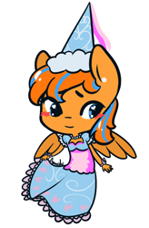 Size: 736x1120 | Tagged: safe, artist:lilliesinthegarden, oc, oc:cold front, species:anthro, species:pegasus, species:pony, beads, blushing, bow, bow tie, chibi, clothing, crossdressing, ear piercing, earring, froufrou glittery lacy outfit, hat, heart, jewelry, male, necklace, pearl necklace, piercing, signature, solo, streamers, wings, wristband