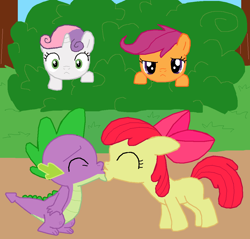 Size: 1054x1007 | Tagged: safe, artist:majkashinoda626, character:apple bloom, character:scootaloo, character:spike, character:sweetie belle, species:dragon, species:pegasus, species:pony, ship:spikebloom, blank flank, bush, caught, cute, cutie mark crusaders, female, filly, kissing, love, male, shipping, straight, surprised