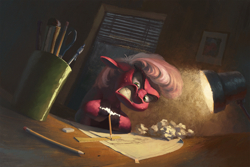 Size: 2000x1333 | Tagged: safe, artist:bra1neater, artist:v747, character:cheerilee, species:earth pony, species:pony, angry, car, collaboration, drawing, earth pony problems, female, floppy ears, glare, gritted teeth, hoof hold, horse problems, lamp, mare, night, paper, pen, pencil, ruler, scissors, scotch tape, solo, table, window