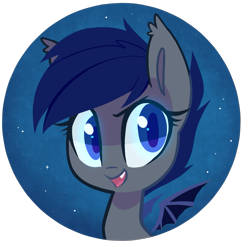 Size: 981x971 | Tagged: safe, artist:meekcheep, oc, oc only, oc:shift, species:bat pony, species:pony, badge, bat chat, bat pony oc, bat wings, bust, button, colored pupils, cute, cute little fangs, ear fluff, ear tufts, fangs, female, looking at you, mare, night, night sky, open mouth, portrait, sky, smiling, solo, spread wings, teeth, wings