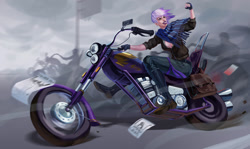 Size: 1023x610 | Tagged: dead source, safe, artist:sunset tide, character:gilda, species:human, badass, biker, boots, breasts, chopper, clothing, fingerless gloves, gloves, humanized, looking back, motorcycle, pants, raised fist, shoes, smiling, solo focus