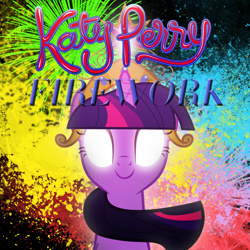 Size: 800x800 | Tagged: safe, artist:pageturner1988, artist:penguinsn1fan, character:twilight sparkle, species:pony, cover, crown, element of magic, female, firework (song), fireworks, glowing eyes, jewelry, katy perry, parody, regalia, solo, song reference