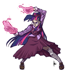 Size: 700x733 | Tagged: safe, artist:theartrix, character:twilight sparkle, species:human, action pose, clothing, female, glasses, glowing hands, humanized, long skirt, magic, rule of cool, simple background, skirt, solo, sweater vest, transparent background