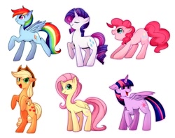 Size: 1024x810 | Tagged: safe, artist:hosikawa, character:applejack, character:fluttershy, character:pinkie pie, character:rainbow dash, character:rarity, character:twilight sparkle, character:twilight sparkle (alicorn), species:alicorn, species:earth pony, species:pony, species:unicorn, applejack's hat, clothing, cowboy hat, eyes closed, female, hat, looking at you, mane six, mare, simple background, white background