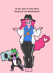 Size: 1805x2480 | Tagged: safe, artist:franschesco, character:pinkie pie, character:spike, species:anthro, species:dragon, species:earth pony, species:pony, species:unguligrade anthro, boombox, clothing, female, hat, looking at you, mare, pants, pink background, radio, rapper pie, shirt, simple background, smiling, sunglasses