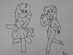 Size: 1600x1200 | Tagged: safe, artist:midnightamber, oc, oc:midnight, self insert, species:alicorn, species:human, species:pony, alicorn oc, bow tie, clothing, dancing, dress, duo, female, lineart, mare, shoes, sketch, suit, traditional art
