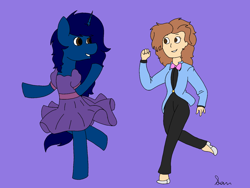 Size: 1600x1200 | Tagged: safe, artist:icey-wicey-1517, artist:midnightamber, oc, oc:midnight, self insert, species:alicorn, species:human, species:pony, alicorn oc, bow tie, clothing, colored, dancing, dress, duo, female, mare, purple background, shoes, simple background, suit