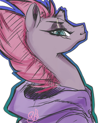 Size: 490x589 | Tagged: safe, artist:candasaurus, character:tempest shadow, species:pony, species:unicorn, my little pony: the movie (2017), broken horn, clothing, colored sketch, eye scar, female, hoodie, looking at you, scar, simple background, smiling, solo, transparent background