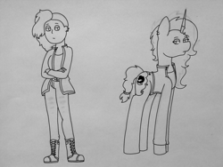 Size: 1600x1200 | Tagged: safe, artist:midnightamber, oc, oc:midnight, self insert, species:alicorn, species:human, species:pony, alicorn oc, belt, boots, clothing, crossed arms, duo, ear piercing, earring, female, jacket, jeans, jewelry, leather jacket, lineart, mare, pants, piercing, punk, shaved head, shoes, sidecut, sketch, undercut