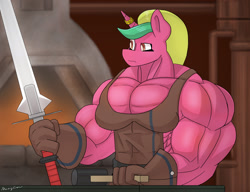 Size: 2600x2000 | Tagged: safe, artist:mopyr, oc, oc only, oc:fort, species:anthro, species:pony, species:unicorn, anthro oc, blacksmith, female, muscles, solo, sword, weapon