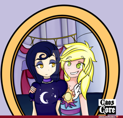 Size: 1024x984 | Tagged: safe, artist:caoscore, character:moonlight raven, character:sunshine smiles, species:human, episode:canterlot boutique, g4, my little pony: friendship is magic, clothing, dress, female, humanized, mirror, sisters, watermark